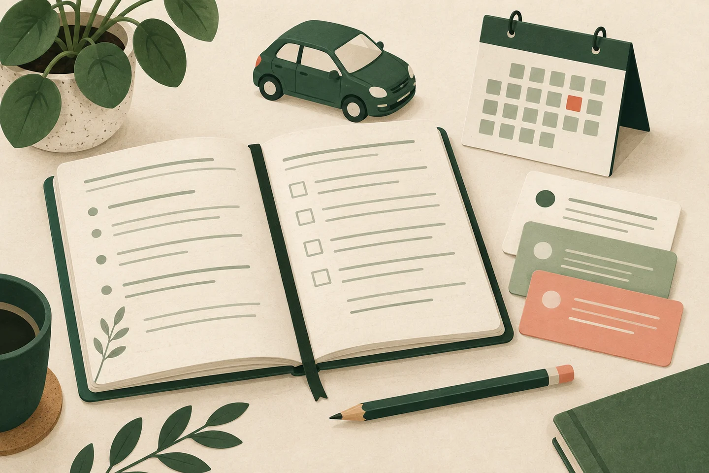 Geïllustreerd studieboek, oefenkaarten, kalender en modelauto
