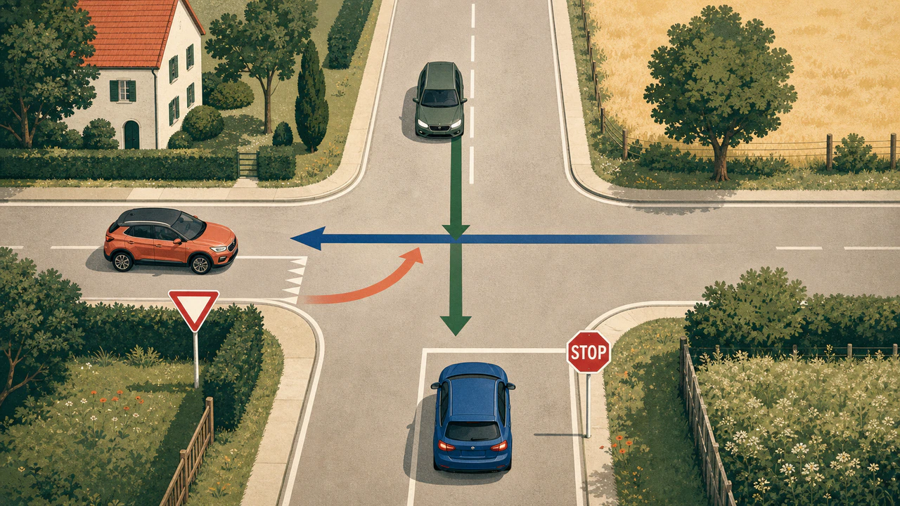 Bovenaanzicht van auto’s op een kruispunt met STOP en voorrang verlenen