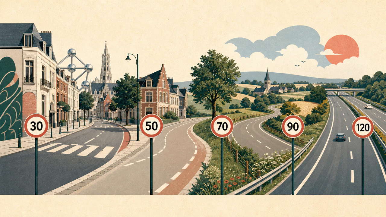 Belgische stadsweg, buitenweg en autosnelweg met snelheidsborden
